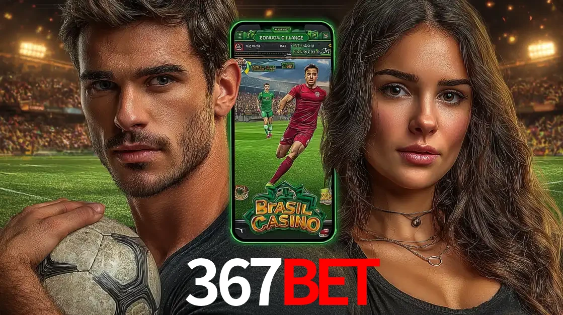 Homem segurando uma bola de futebol e uma mulher ao lado de um smartphone exibindo o jogo de apostas esportivas da 367BET. Faça seu palpite no cassino online.